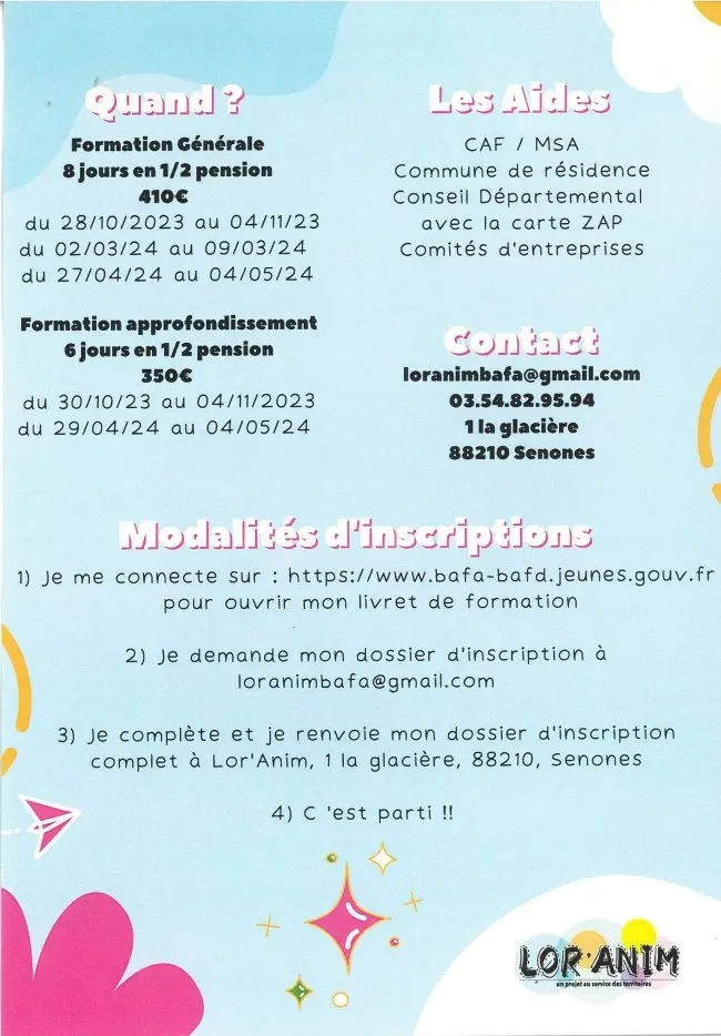 formation générale 8 ours en 1/2 pension 410 euros. Formation approfondissement 6 jours en 1/2 pension 350 euros. Contact 03 54 82 95 94