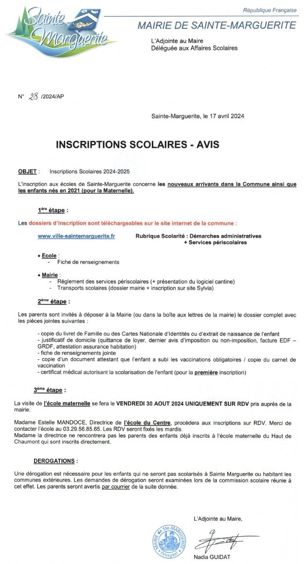 Papier signé du Maire pour l'inscription scolaires. Les documents à remplir peuvent être retirés en mairie.